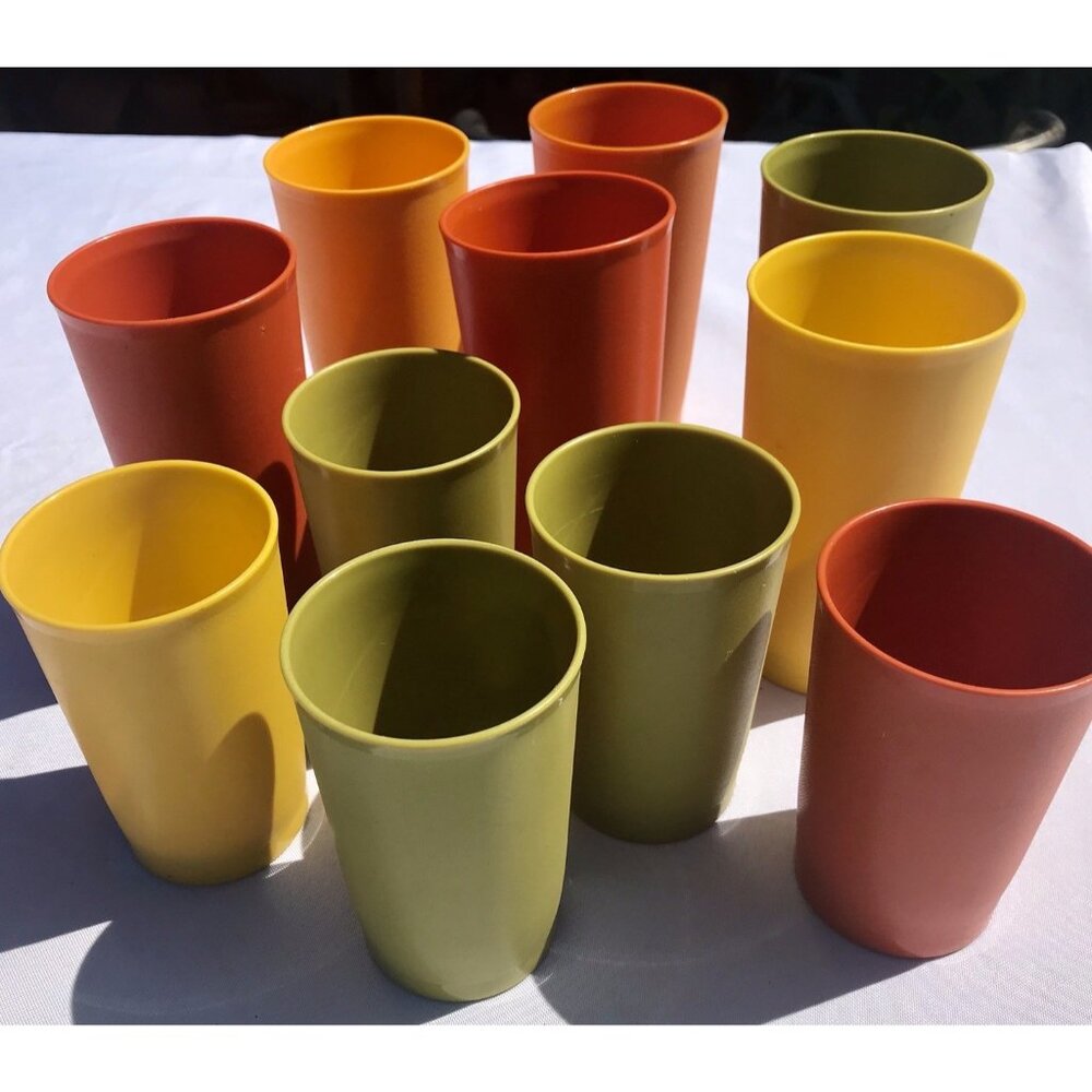 Vtg Tupperware Harvest Colors Tumblers Cups Autumn Green Orange Yellow MCM Set 7